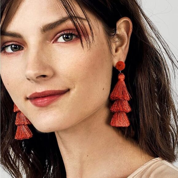 14K Yellow Gold with Burnt Orange Silk Thread Tassel and Quartz Druzy Earrings - Picture 5 of 9